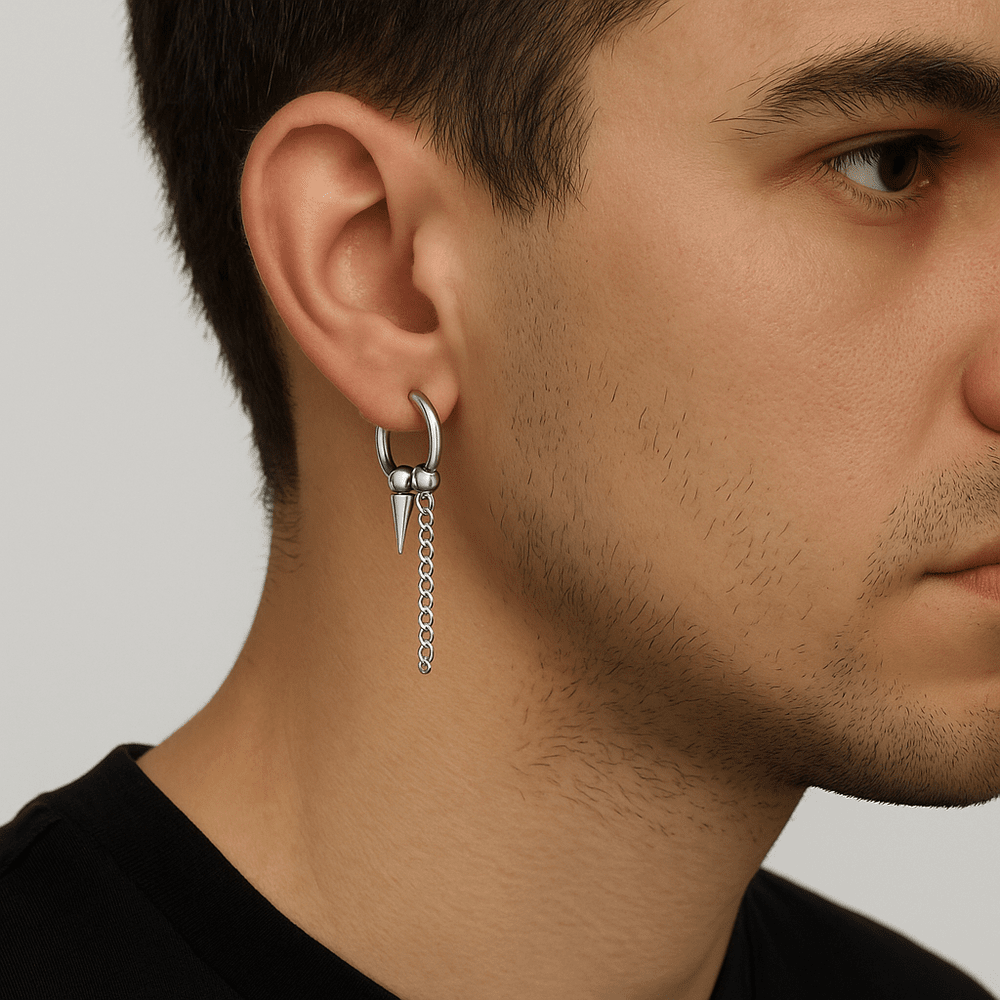 THE MEN THING Earring HEX SPIKE SILVER - Pure Titanium Steel Hoop Earrings for Men & Boys (2pcs)