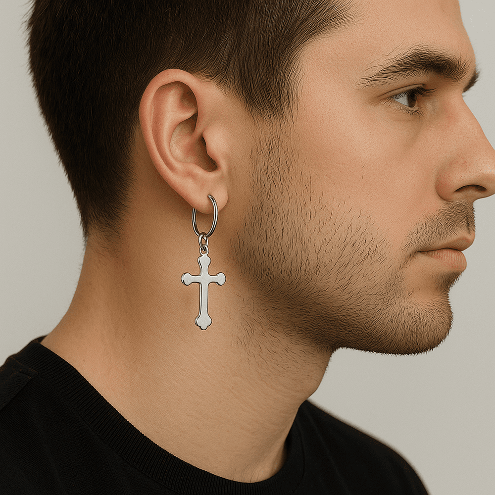 THE MEN THING Earring HEXED CRUCIFIX SILVER - Pure Titanium Steel Hoop Earrings for Men & Boys (2pcs)