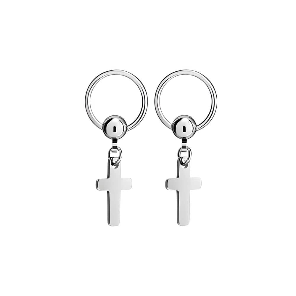THE MEN THING Earring NOCTURNE CROSS SILVER - Pure Titanium Steel Hoop Earrings for Men & Boys (2pcs)