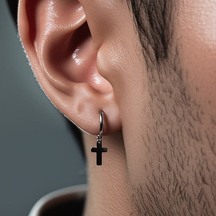 THE MEN THING Earring NOCTURNE CROSS SILVER - Pure Titanium Steel Hoop Earrings for Men & Boys (2pcs)