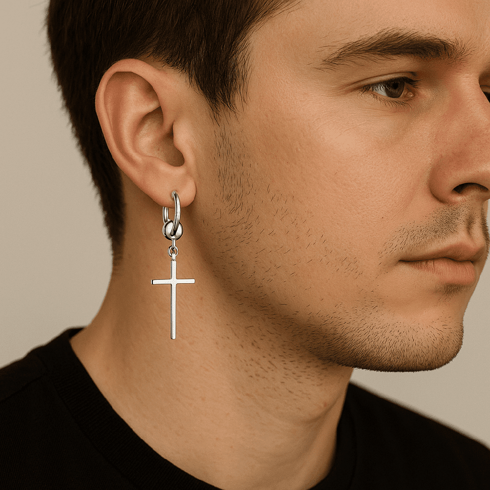 THE MEN THING Earring SILVER CRUX NOIR - Pure Titanium Steel Hoop Earrings for Men & Boys (2pcs)