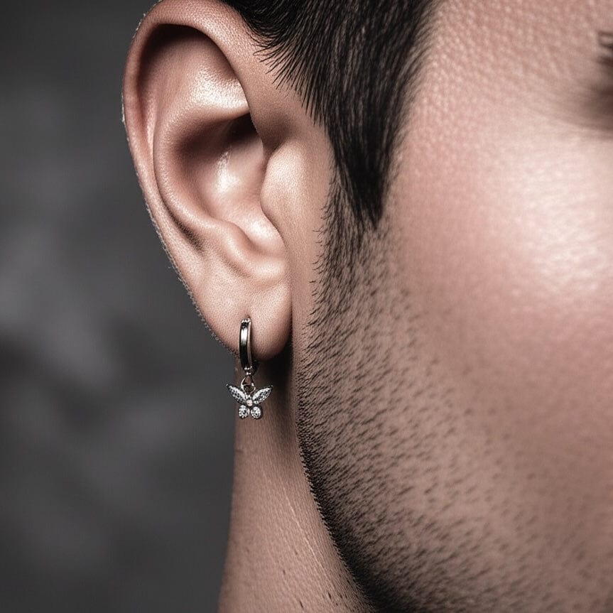 THE MEN THING Earring SILVER LUNA PAPILLON - Pure Titanium Steel Hoop Earrings for Men & Boys (2pcs)