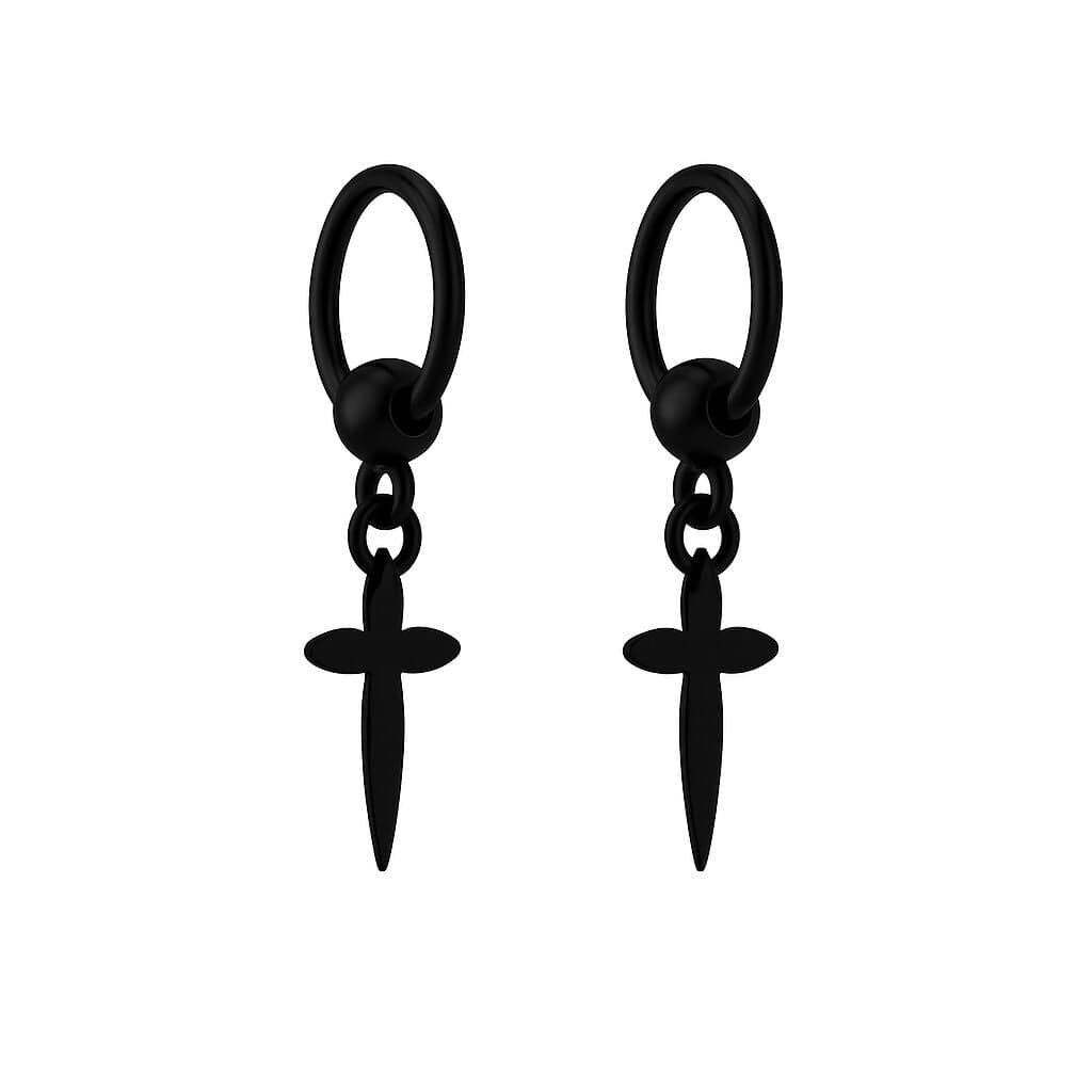 THE MEN THING Earring VALOR BLACK CROSS - Pure Titanium Steel Hoop Earrings for Men & Boys (2pcs)