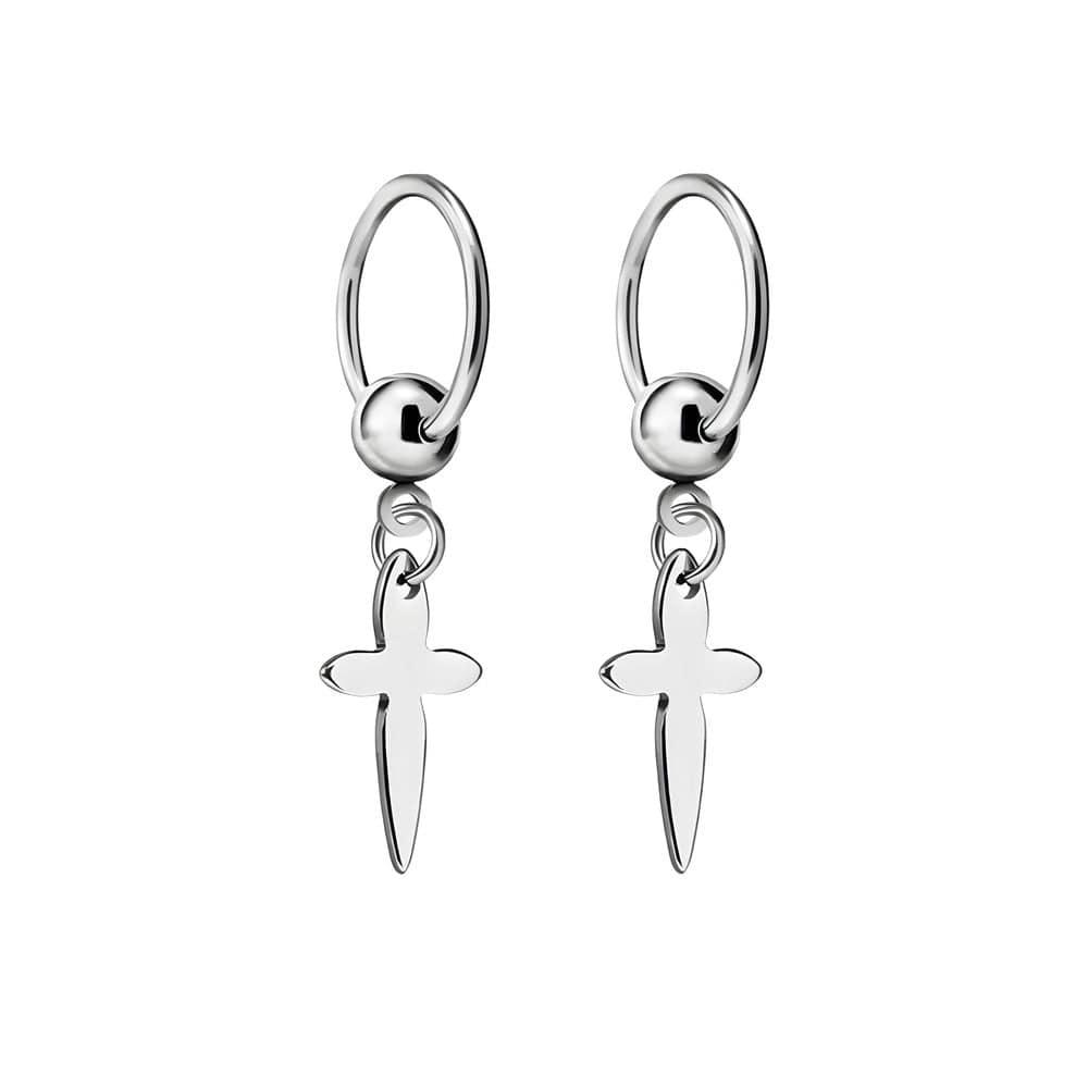 THE MEN THING Earring VALOR SILVER CROSS - Pure Titanium Steel Hoop Earrings for Men & Boys (2pcs)