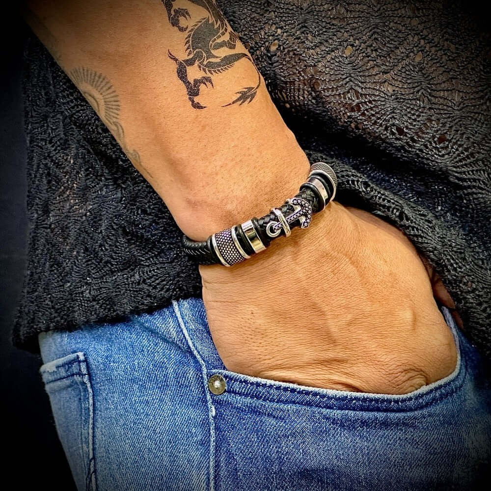 THE MEN THING Leather Bracelet ANCHOR KRAKEN BLACK - Genuine Leather Braided Bracelet with Stainless Steel Magnetic Buckle for Men & Boys (8 inch)