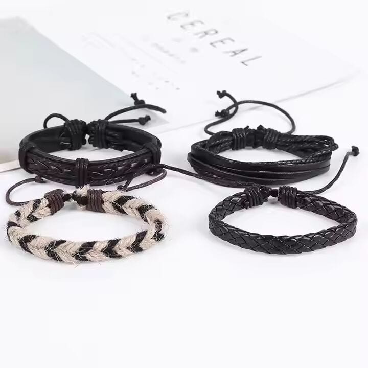 THE MEN THING Leather Bracelet BEAST’S KNOT - 4 Pcs Genuine Braided Leather Bracelet Set for Men & Boys (8 inch)