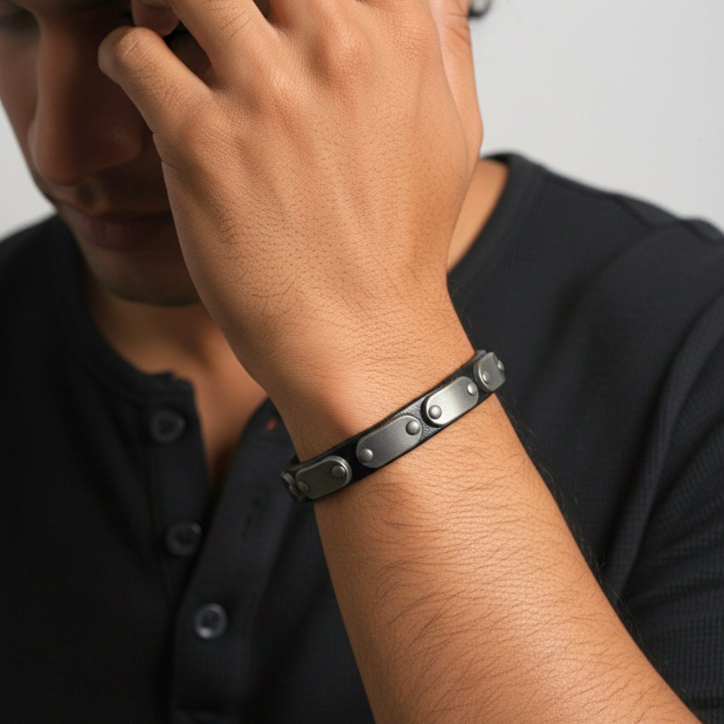 THE MEN THING Leather Bracelet BLACK BOLT - 10mm Black Genuine Leather Adjustable Bracelet for Men & Boys (9.5 inch)