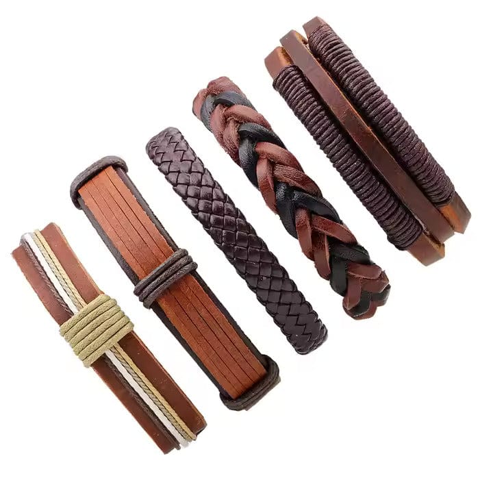 THE MEN THING Leather Bracelet BOUNDEDGE BRACELETS - 5 Pcs Genuine Braided Leather Bracelet Set for Men & Boys (8 inch)