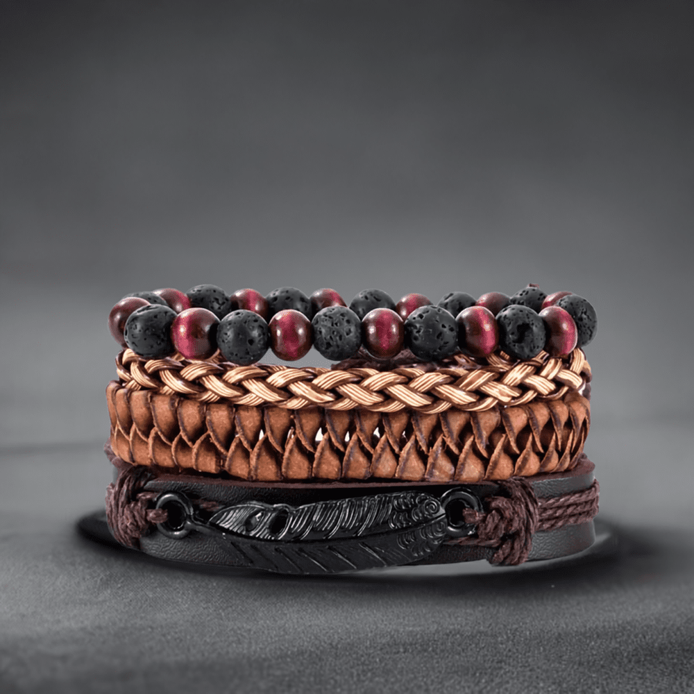 THE MEN THING Leather Bracelet BRAVEHEART CUFF - 4 colors Genuine Braided Leather Bracelet Set for Men & Boys (8 inch)