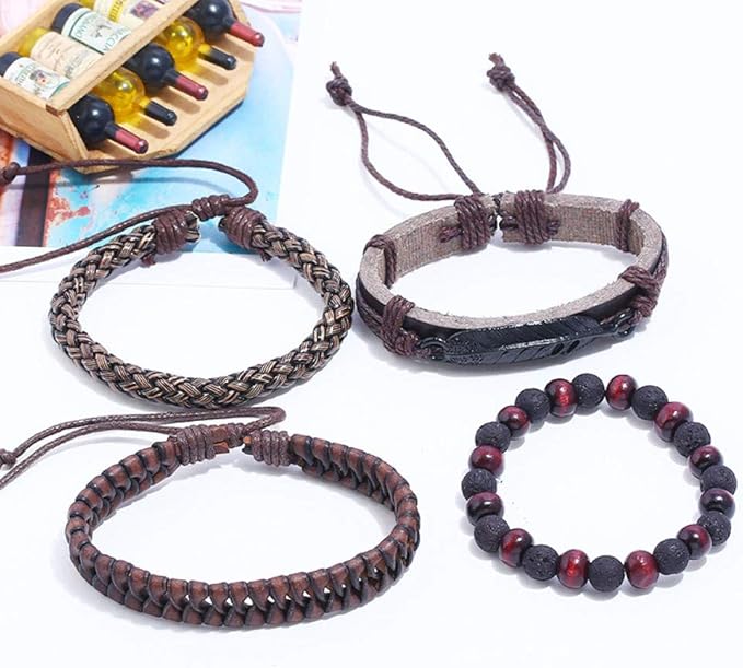 THE MEN THING Leather Bracelet BRAVEHEART CUFF - 4 colors Genuine Braided Leather Bracelet Set for Men & Boys (8 inch)
