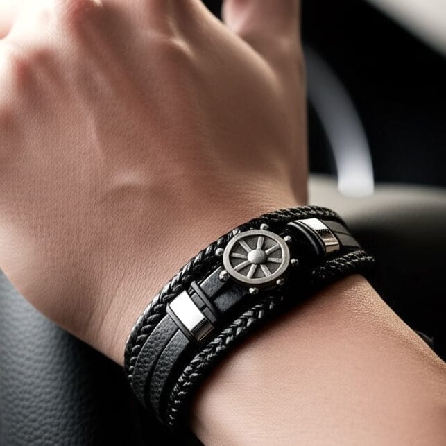 THE MEN THING Leather Bracelet CAPTAIN HELM BLACK - Genuine Leather Braided Bracelet with Stainless Steel Magnetic Buckle for Men & Boys (8 inch)