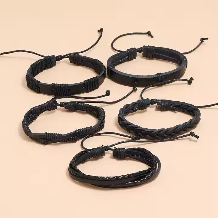 THE MEN THING Leather Bracelet DARK ALPHA - 5 Pcs Genuine Braided Leather Bracelet Set for Men & Boys (8 inch)