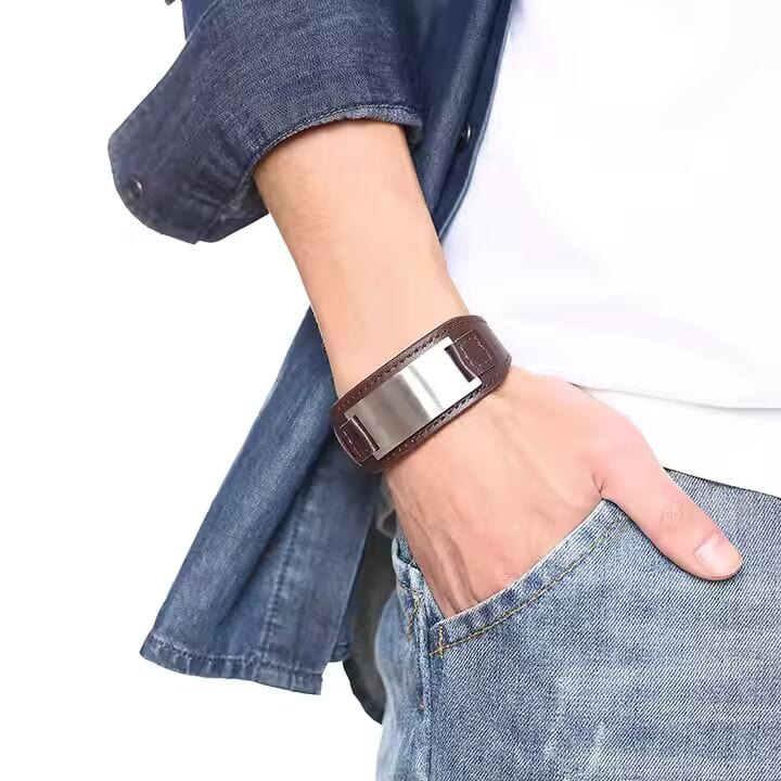 THE MEN THING Leather Bracelet DARKMATTER STRAP SILVER - Genuine Braided Leather Bracelet Set for Men & Boys (8 inch)