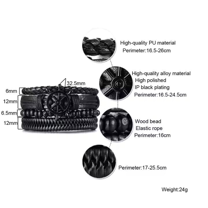 THE MEN THING Leather Bracelet Darkwave Cuff - 4 Pcs Genuine Braided Leather Bracelet Set for Men & Boys (8 inch)