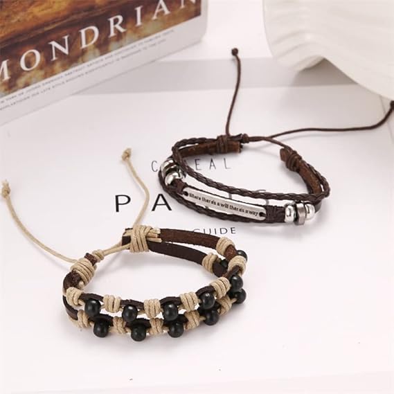 THE MEN THING Leather Bracelet DESTINY WRAP - 2 Pcs Genuine Braided Leather Bracelet Set for Men & Boys (8 inch)