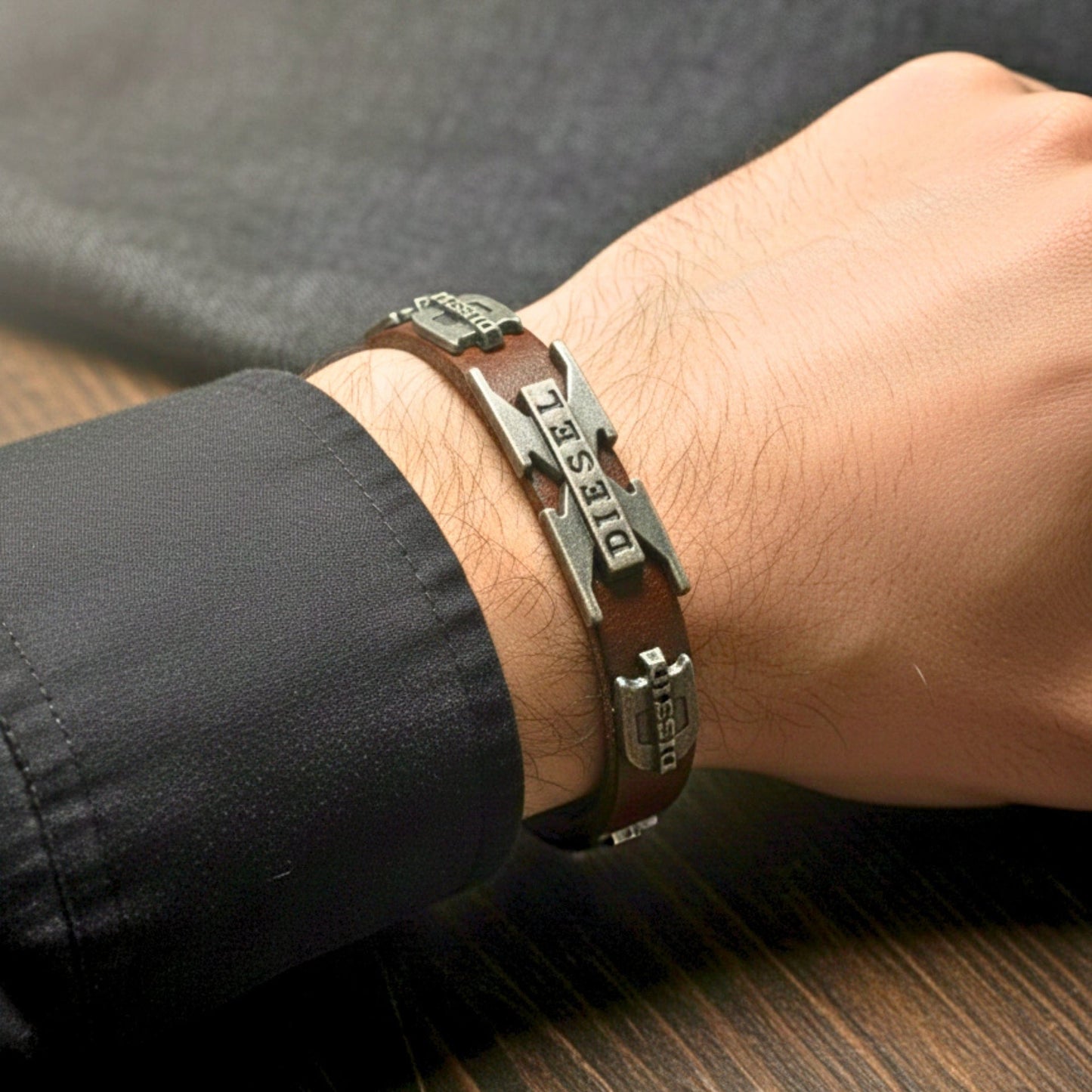 THE MEN THING Leather Bracelet DIESEL REBEL - 14mm Black Genuine Leather Adjustable Bracelet for Men & Boys (9.8 inch)