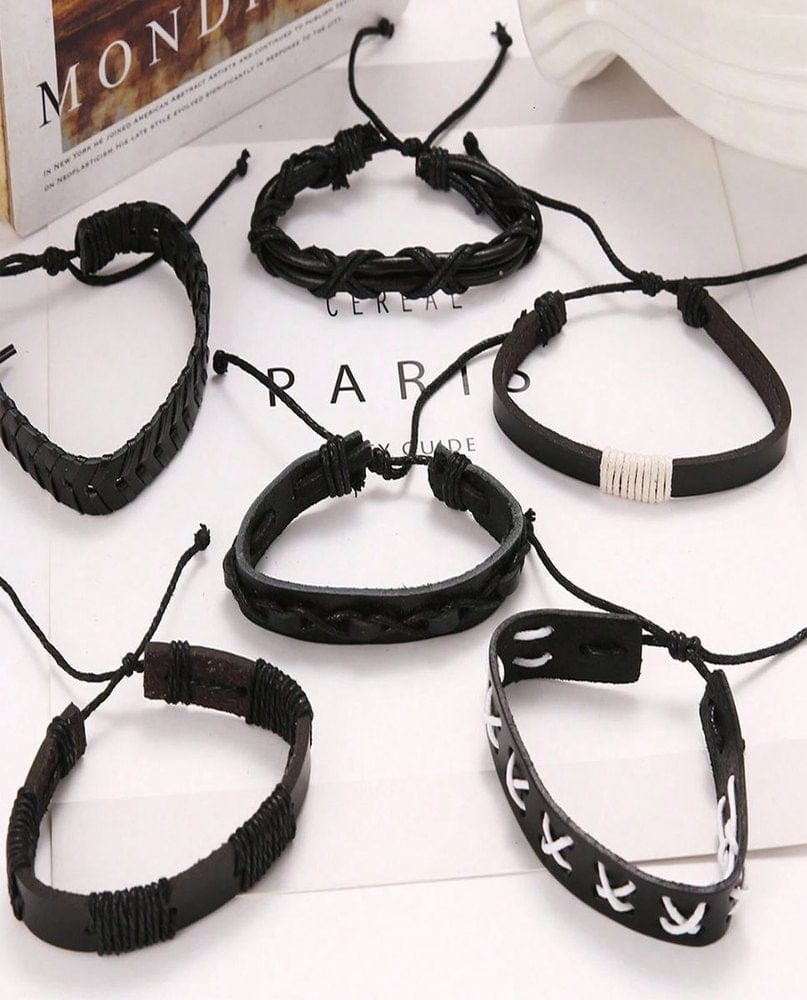 The Men Thing Leather Bracelet EVOLVE BAND - 6 Pcs Genuine Braided Leather Bracelet Set for Men & Boys (8 inch)