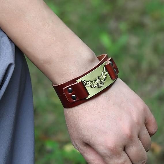 THE MEN THING Leather Bracelet FIRESTORM PHOENIX BAND - Bronze Genuine Braided Leather Bracelet Set for Men & Boys (8 inch)