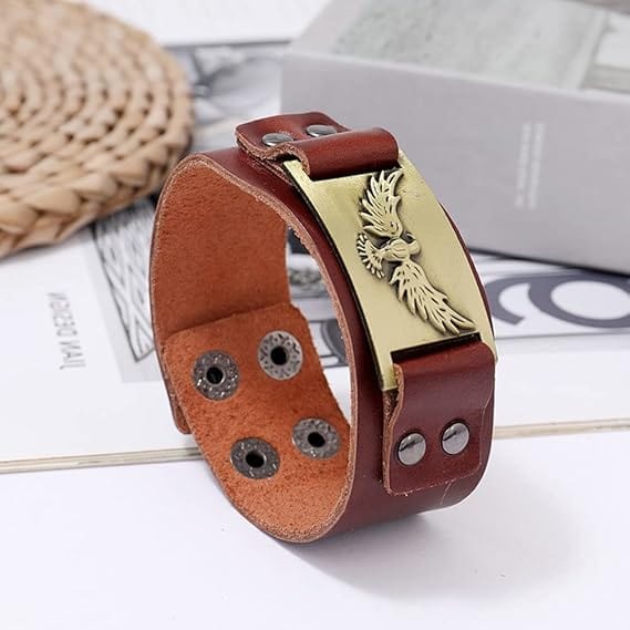 THE MEN THING Leather Bracelet FIRESTORM PHOENIX BAND - Bronze Genuine Braided Leather Bracelet Set for Men & Boys (8 inch)