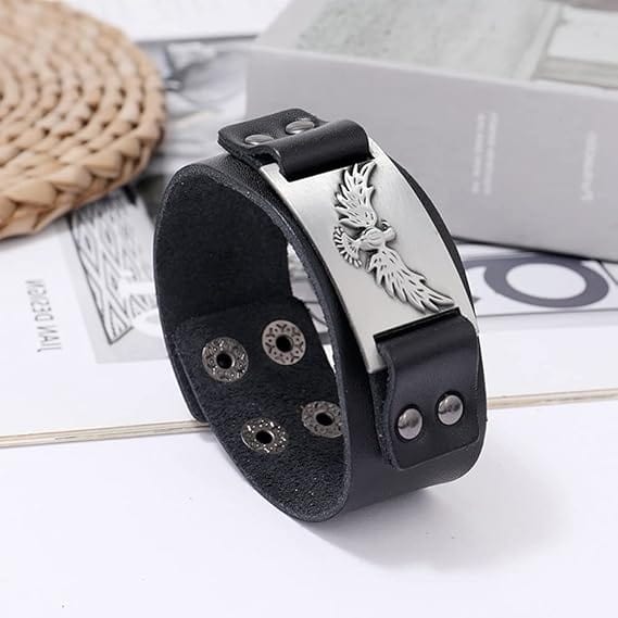 THE MEN THING Leather Bracelet FIRESTORM PHOENIX BAND - Silver Genuine Braided Leather Bracelet Set for Men & Boys (8 inch)
