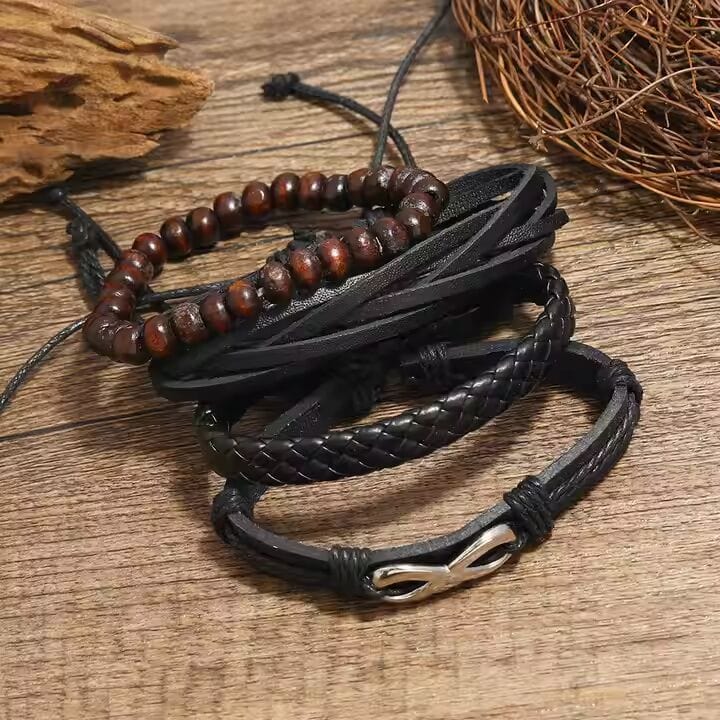 THE MEN THING Leather Bracelet FOREVER BOUND - 4 Pcs Genuine Braided Leather Bracelet Set for Men & Boys (8 inch)
