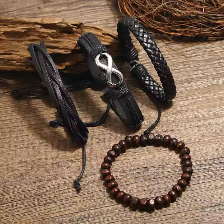 THE MEN THING Leather Bracelet FOREVER BOUND - 4 Pcs Genuine Braided Leather Bracelet Set for Men & Boys (8 inch)