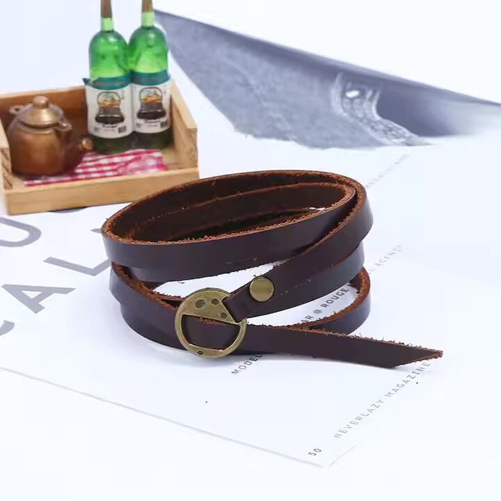 THE MEN THING Leather Bracelet FRONTIER WRAP DARK BROWN - Genuine Braided Leather Bracelet Set for Men & Boys (8 inch)