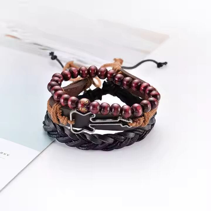 THE MEN THING Leather Bracelet GUITARBOUND - 3 Pcs Genuine Braided Leather Bracelet Set for Men & Boys (8 inch)
