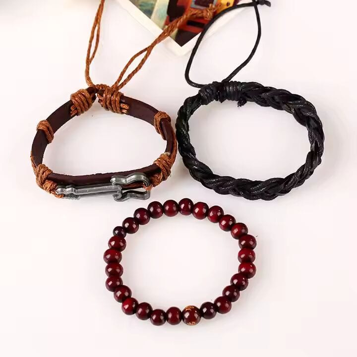 THE MEN THING Leather Bracelet GUITARBOUND - 3 Pcs Genuine Braided Leather Bracelet Set for Men & Boys (8 inch)