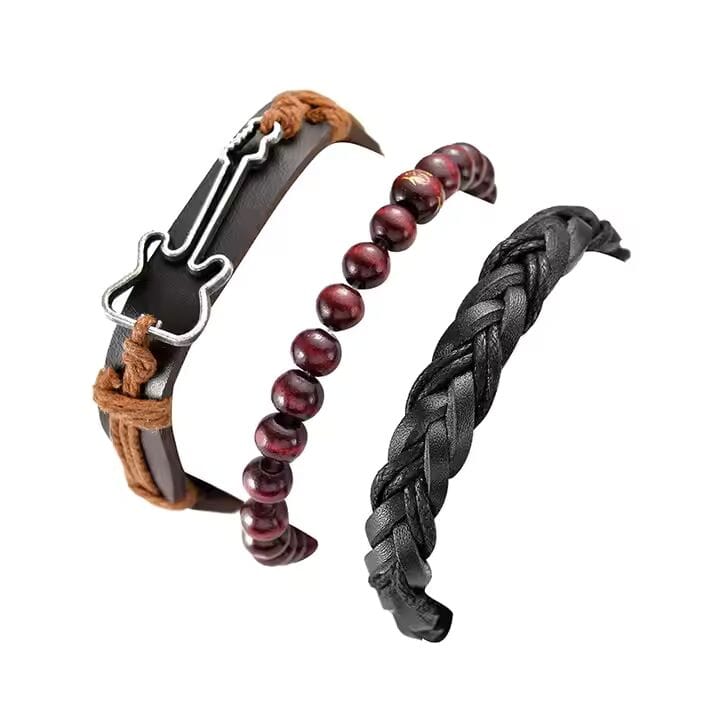 THE MEN THING Leather Bracelet GUITARBOUND - 3 Pcs Genuine Braided Leather Bracelet Set for Men & Boys (8 inch)