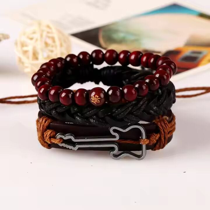 THE MEN THING Leather Bracelet GUITARBOUND - 3 Pcs Genuine Braided Leather Bracelet Set for Men & Boys (8 inch)