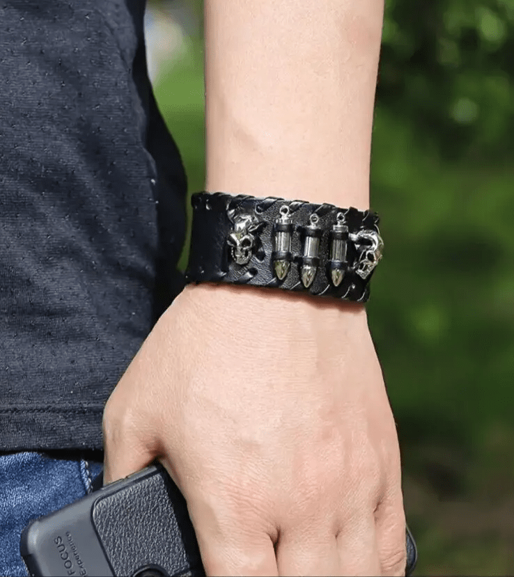 THE MEN THING Leather Bracelet HELLBOUND WARRIOR BLACK BAND - Genuine Braided Leather Bracelet Set for Men & Boys (8 inch)