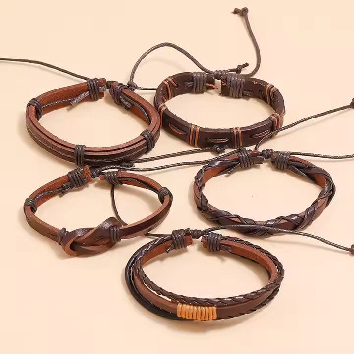 THE MEN THING Leather Bracelet HISTORIC WEAVE - 5 Pcs Genuine Braided Leather Bracelet Set for Men & Boys (8 inch)
