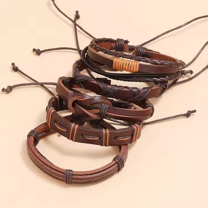 THE MEN THING Leather Bracelet HISTORIC WEAVE - 5 Pcs Genuine Braided Leather Bracelet Set for Men & Boys (8 inch)