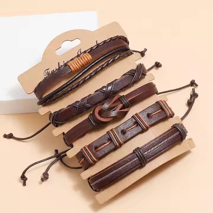 THE MEN THING Leather Bracelet HISTORIC WEAVE - 5 Pcs Genuine Braided Leather Bracelet Set for Men & Boys (8 inch)
