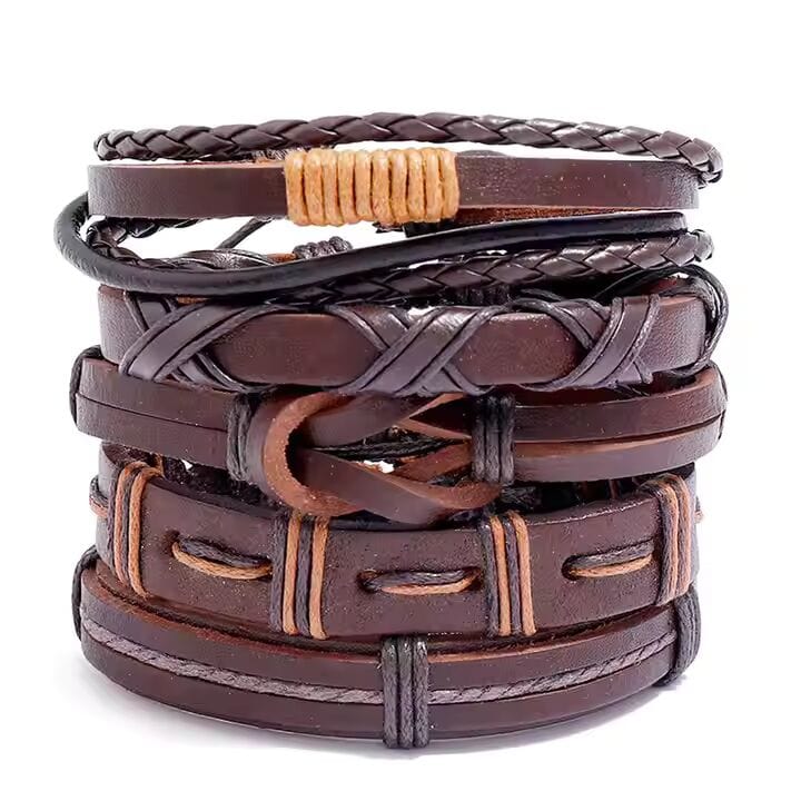THE MEN THING Leather Bracelet HISTORIC WEAVE - 5 Pcs Genuine Braided Leather Bracelet Set for Men & Boys (8 inch)