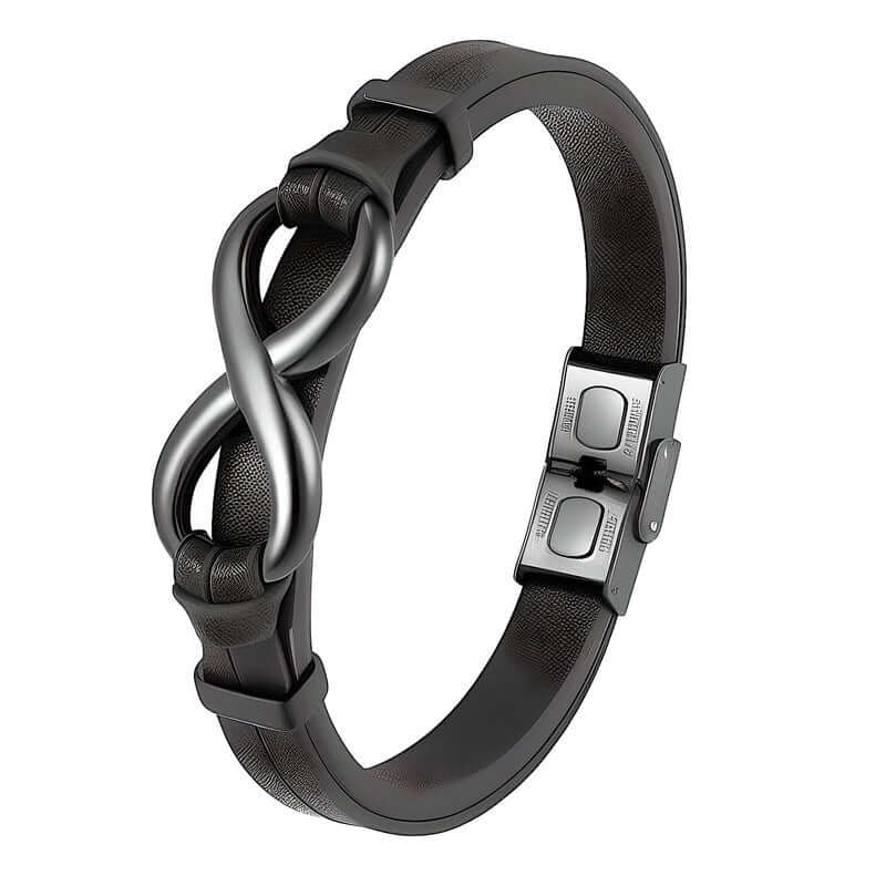 THE MEN THING Leather Bracelet INFINITY 8 BLACK - Genuine Leather Double Layer Bracelet with Stainless Steel Hook for Men & Boys (8 inch)
