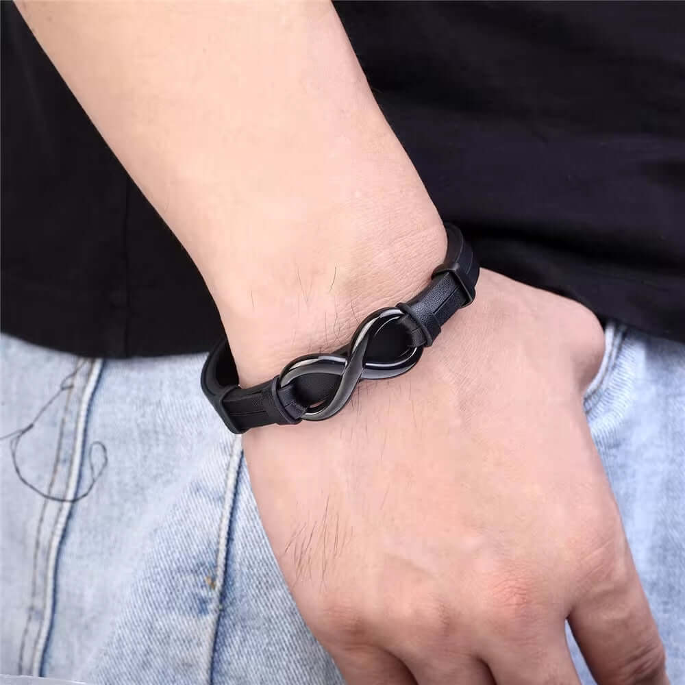 THE MEN THING Leather Bracelet INFINITY 8 BLACK - Genuine Leather Double Layer Bracelet with Stainless Steel Hook for Men & Boys (8 inch)