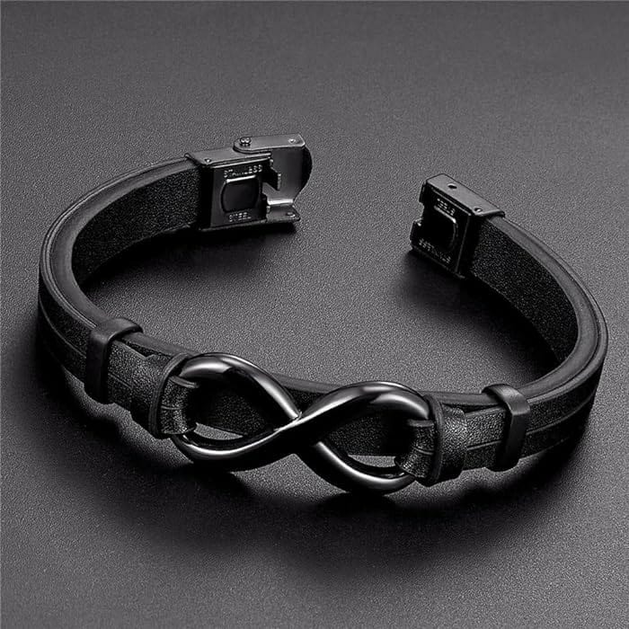 THE MEN THING Leather Bracelet INFINITY 8 BLACK - Genuine Leather Double Layer Bracelet with Stainless Steel Hook for Men & Boys (8 inch)