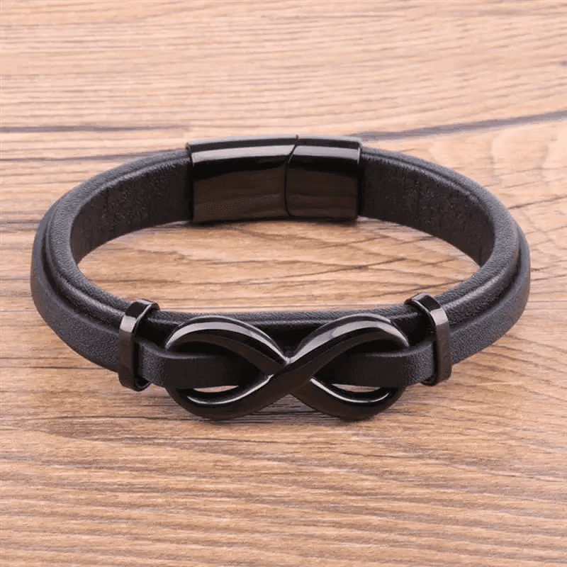 THE MEN THING Leather Bracelet INFINITY 8 BLACK - Genuine Leather Double Layer Bracelet with Stainless Steel Hook for Men & Boys (8 inch)