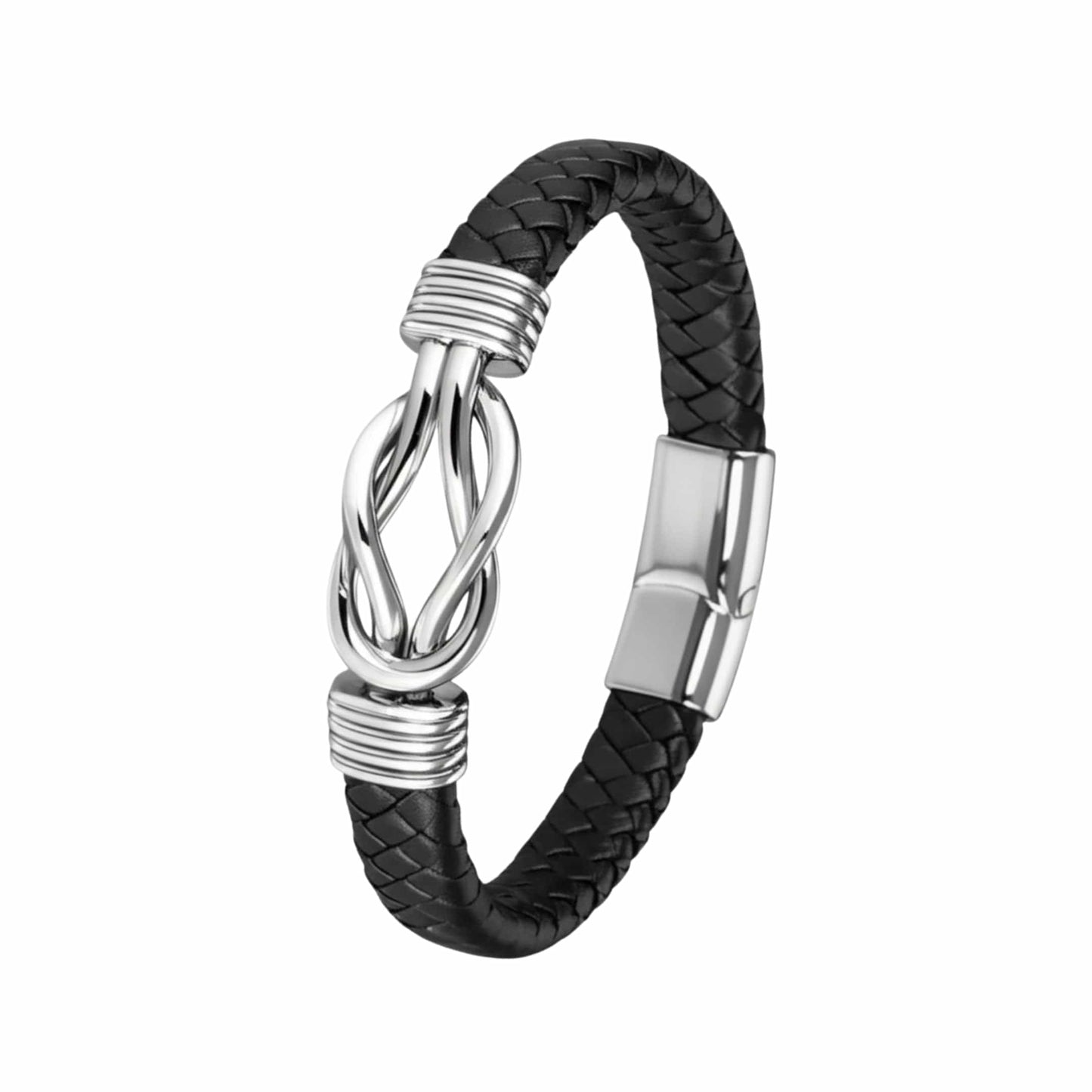 THE MEN THING Leather Bracelet LOVE KNOT BLACK - Genuine Leather Braided Bracelet with Stainless Steel Magnetic Buckle for Men & Boys (8 inch)
