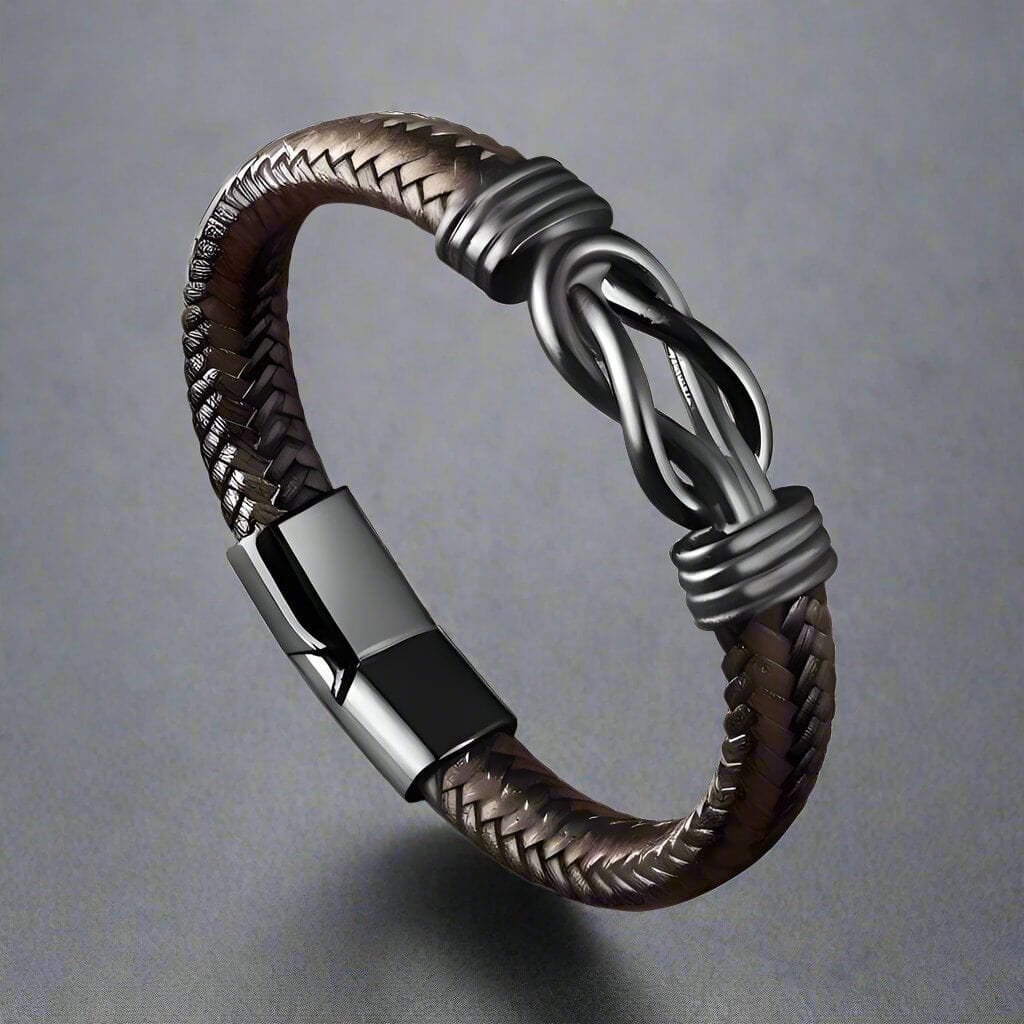 THE MEN THING Leather Bracelet LOVE KNOT BROWN - Genuine Leather Braided Bracelet with Stainless Steel Magnetic Buckle for Men & Boys (8 inch)
