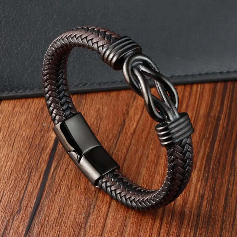 THE MEN THING Leather Bracelet LOVE KNOT BROWN - Genuine Leather Braided Bracelet with Stainless Steel Magnetic Buckle for Men & Boys (8 inch)