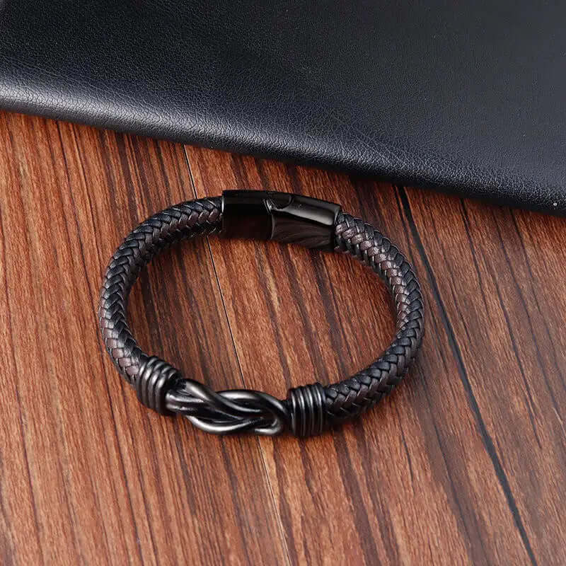 THE MEN THING Leather Bracelet LOVE KNOT BROWN - Genuine Leather Braided Bracelet with Stainless Steel Magnetic Buckle for Men & Boys (8 inch)