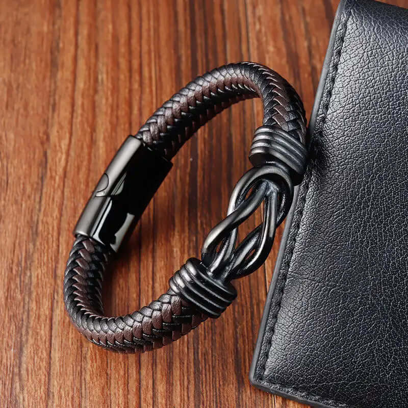 THE MEN THING Leather Bracelet LOVE KNOT BROWN - Genuine Leather Braided Bracelet with Stainless Steel Magnetic Buckle for Men & Boys (8 inch)