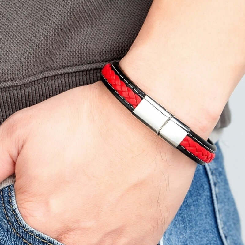 THE MEN THING Leather Bracelet LUNAR MYSTERY RED - Genuine Leather Layer Braided Bracelet with Stainless Steel Magnetic Buckle for Men & Boys (8 inch)