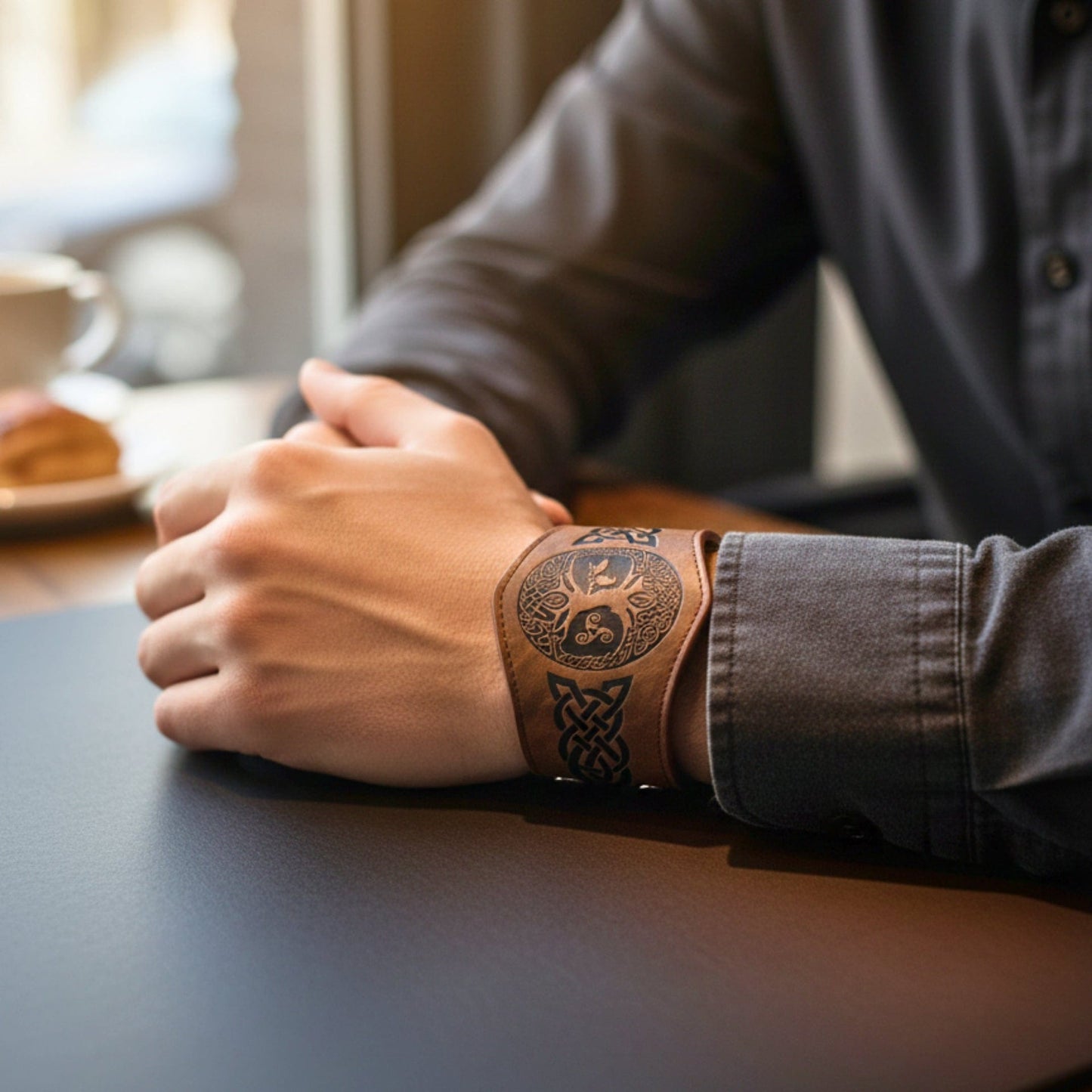 THE MEN THING Leather Bracelet MYSTIC TREE - 50.8mm Brown Genuine Leather Adjustable Bracelet for Men & Boys (7.8-8.4-9 inch)