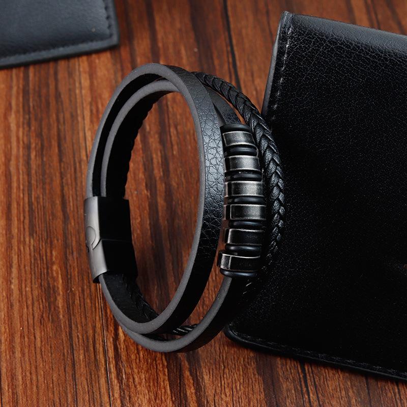 THE MEN THING Leather Bracelet NOIR BRAID BLACK - Genuine Leather Multi-Layer Braided Bracelet with Stainless Steel Magnetic Buckle for Men & Boys (8 inch)