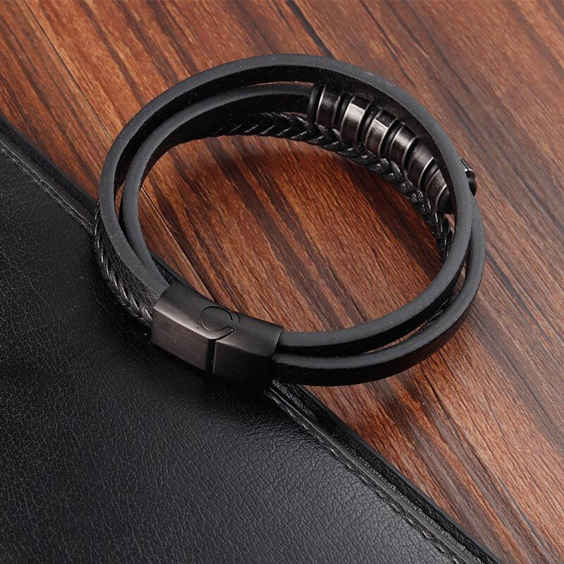 THE MEN THING Leather Bracelet NOIR BRAID BLACK - Genuine Leather Multi-Layer Braided Bracelet with Stainless Steel Magnetic Buckle for Men & Boys (8 inch)