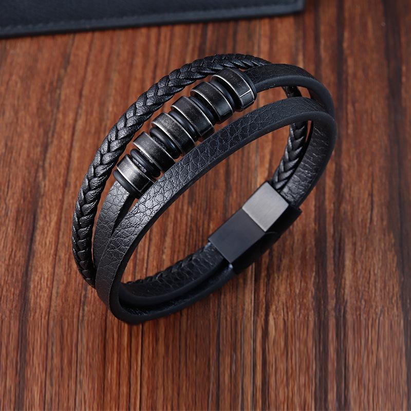 THE MEN THING Leather Bracelet NOIR BRAID BLACK - Genuine Leather Multi-Layer Braided Bracelet with Stainless Steel Magnetic Buckle for Men & Boys (8 inch)